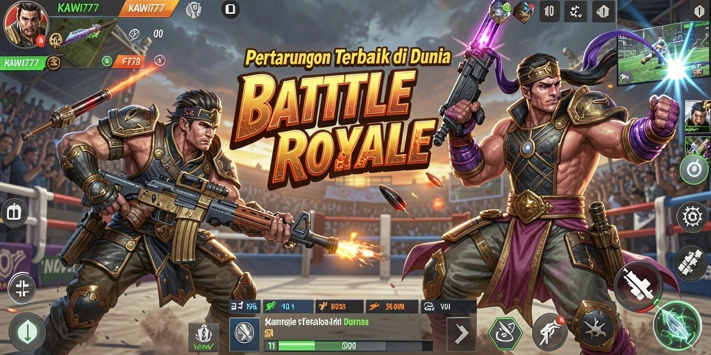 Screenshot gameplay KAWI777 menampilkan aksi pertarungan yang seru di arena Battle Royale.