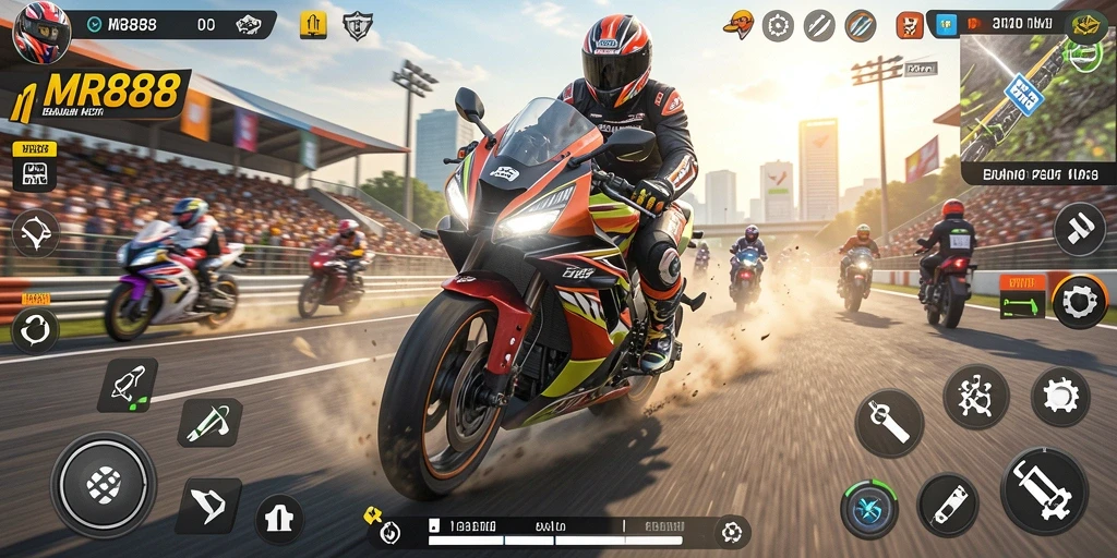 Tampilan gameplay <strong>MR888</strong> dengan balapan seru dan motor berkecepatan tinggi.