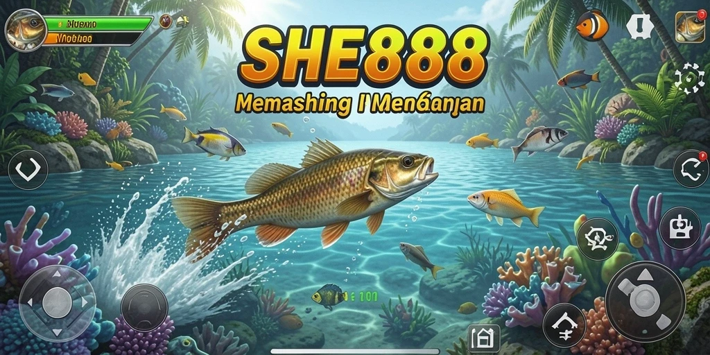 Tampilan gameplay <strong>SHE888</strong> saat memancing dengan berbagai jenis ikan.