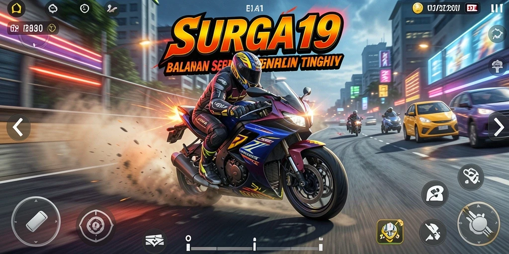 Tampilan gameplay SURGA19 yang mendebarkan dengan sepeda motor cepat.